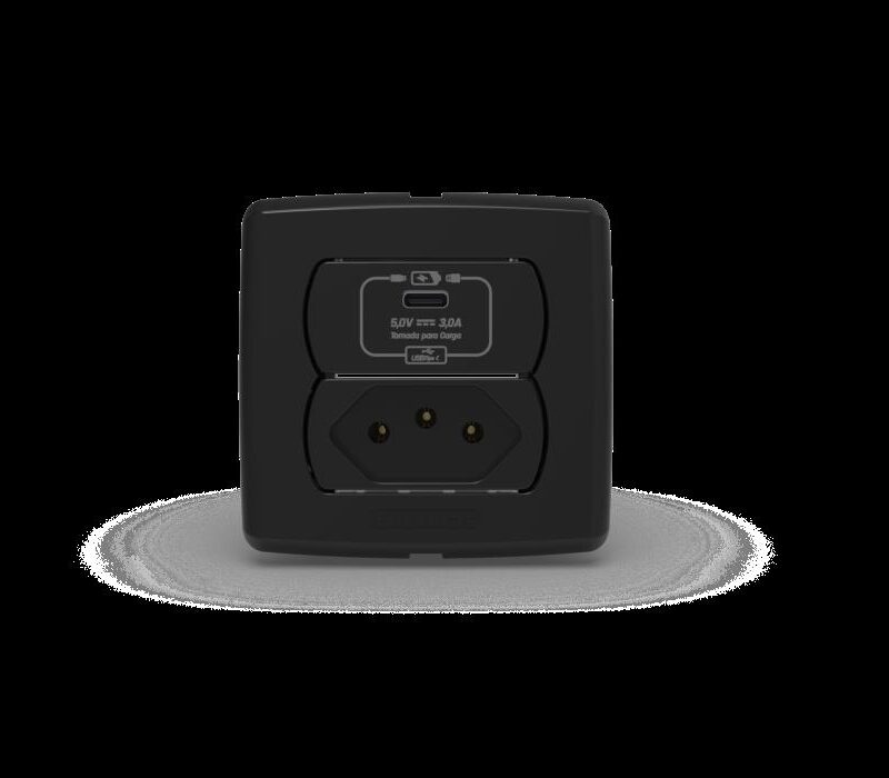 CONJ TOMADA RECARGA USB C 5VCC/3A +TOMADA 2P+T 10A 250V PRETO MOVEIS C/6283-E/P ENERBRAS