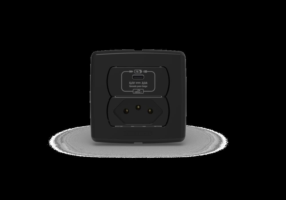 CONJ TOMADA RECARGA USB C 5VCC/3A +TOMADA 2P+T 10A 250V PRETO MOVEIS C/6283-E/P ENERBRAS