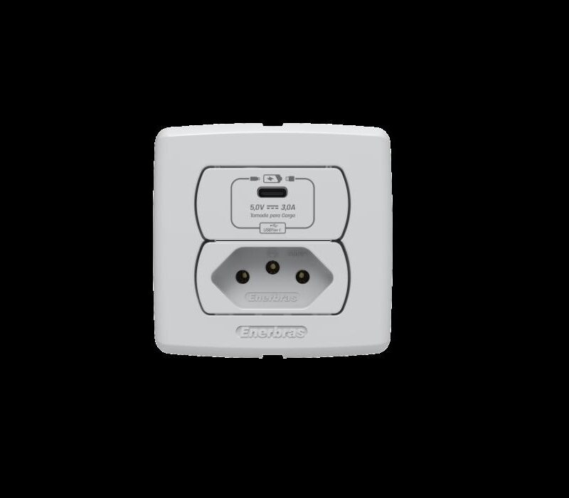 CONJUNTO TOMADA RECARGA USB 5VCC/2A + TOMADA 2PINOS+TERRA 10A 250V BRANCO MOVEIS C/6281-E ENERBRAS