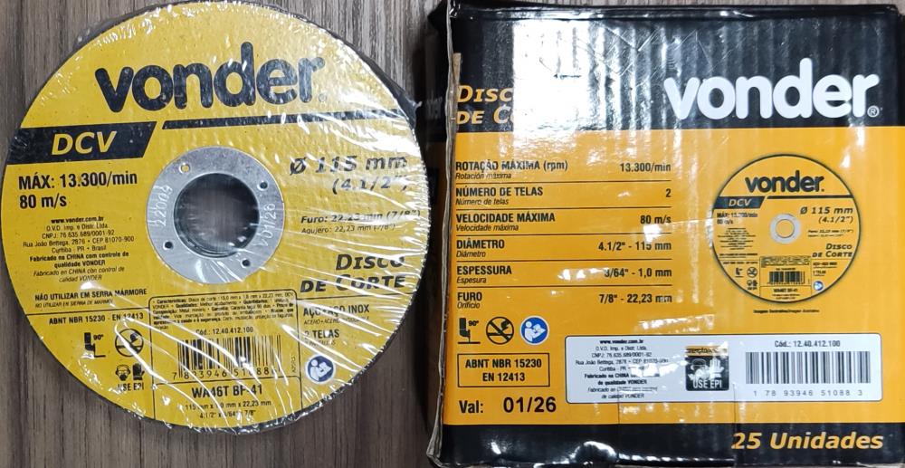 DISCO DE CORTE 115,0X1,0X22,23 DCV VONDER C/1240412100