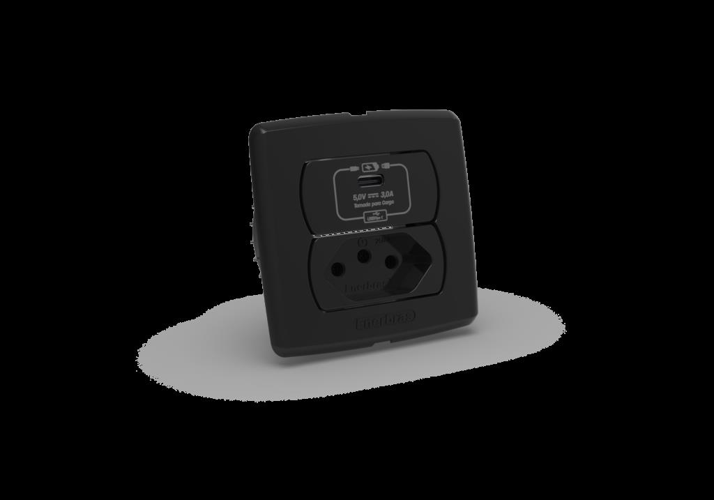 CONJ TOMADA RECARGA USB C 5VCC/3A +TOMADA 2P+T 10A 250V PRETO MOVEIS C/6283-E/P ENERBRAS